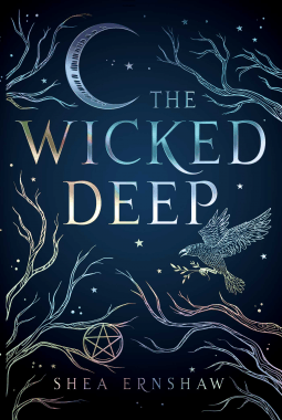 The Wicked Deep by Shea Ernshaw book cover bird, moon, trees, and Wicca symbol on blue background 