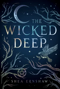 The Wicked Deep by Shea Ernshaw book cover bird, moon, trees, and Wicca symbol on blue background 
