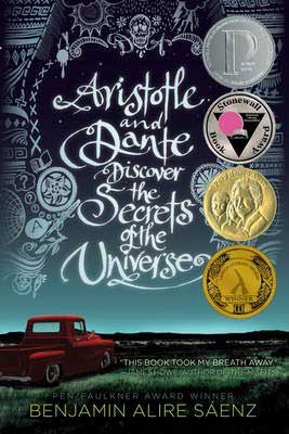 Aristotle and Dante Discover The Secrets of the Universe by Benjamin Alire Saenz book cover with red truck on green grass at night with stars in the sky