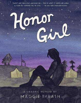 Honor Girl by Maggie Thrash book cover with illustrated young woman at night looking out at tents and purple sky