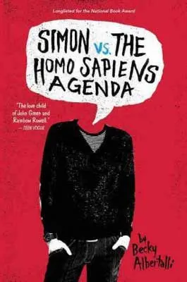 Simon vs. the Homo Sapiens Agenda by Becky Albertalli book cover with headless person wearing black and a thought bubble with the title of the book