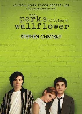 The Perks Of Being A Wallflower by Stephen Chbosky book cover with young red-haired woman resting head on white dark haired male next to another boy all against a green brick wall