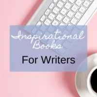 Inspirational Books For Writers with pink background, keyboard, and cup of coffee