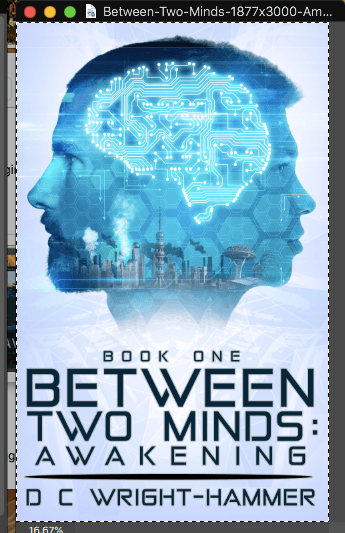 Adobe Photoshop screenshot of selected Between Two Minds book cover