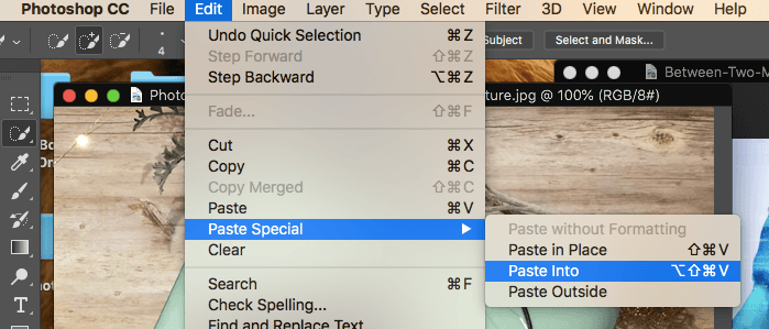 Photoshop CC screenshot of Edit menu with paste special