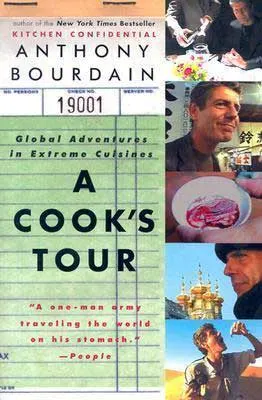 A Cook's Tour by Anthony Bourdain book cover with 5 pictures of food and travel