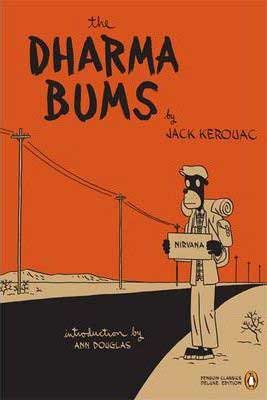 Dharma Bums by Jack Kerouac book cover with orange cover and hitch hiking cartoon character