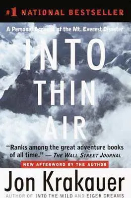 Into Thin Air by Jon Krakauer book cover with snow, mountains, and clouds