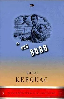 On The Road by Jack Kerouac blue and orange book cover with young man holding a knapsack