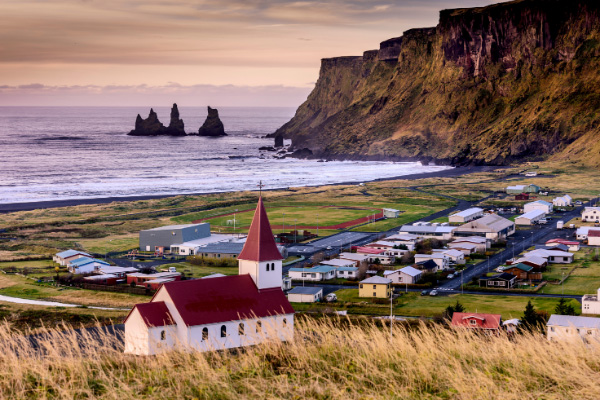 Red and white Church in Vik Iceland