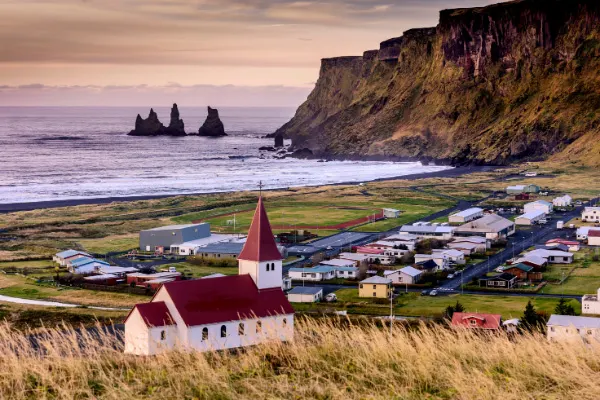 Red and white Church in Vik Iceland