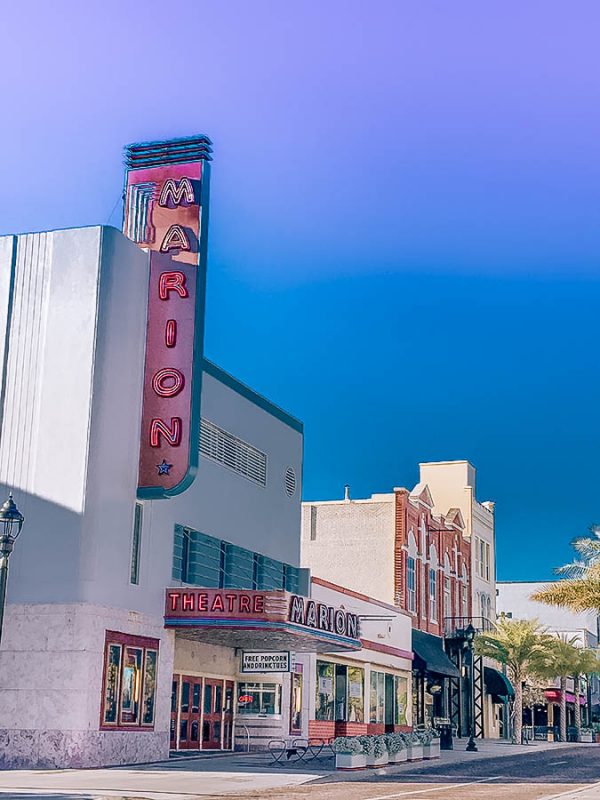 Across from Ocala restaurants like the Ivy House find the old Marion movie theater
