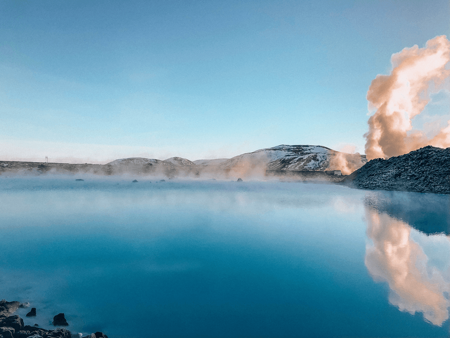 Outside blue, steamy water from the Blue Lagoon Spa in Iceland