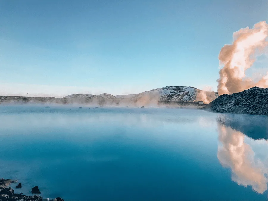 Outside blue, steamy water from the Blue Lagoon Spa in Iceland