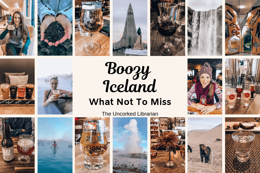 Boozy Iceland pin cover with alcoholic Icelandic drinks and famous Iceland sites