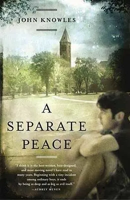 Classic Best World War 2 Novels A Separate Peace by John Knowles book cover with boy sitting on school campus and tower
