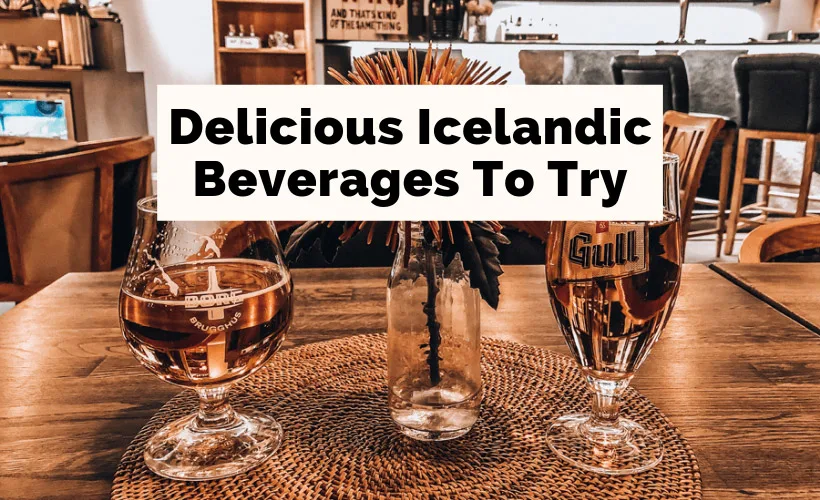 Iceland Drinks Liquors Alcohol Beer with picture of two Icelandic beers at a bar with flower vase