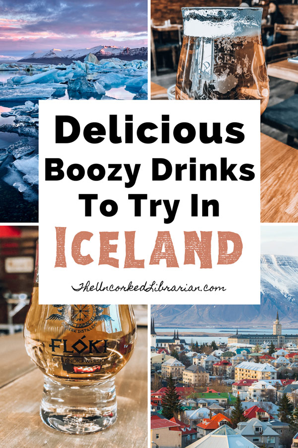 Iceland Drinks with picture of glacier lagoon, Icelandic Viking Beer, Icelandic Floki Whiskey and city of Reykjavik
