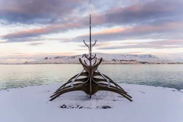 Solfar Sun Voyager Reykjavik Iceland sculpture that looks like a skeleton boat