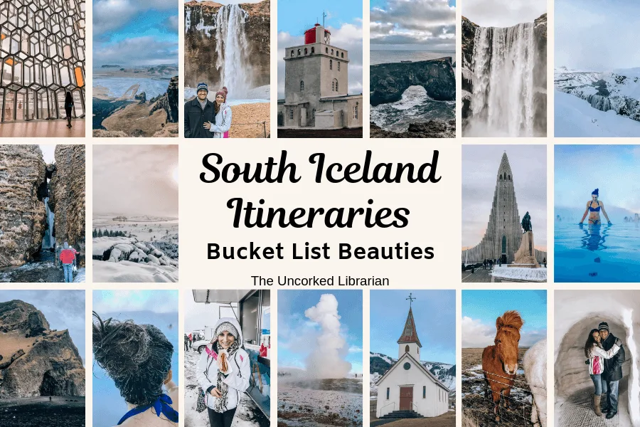 South Iceland Itineraries pin with Icelandic pictures of churches, waterfalls, and horses