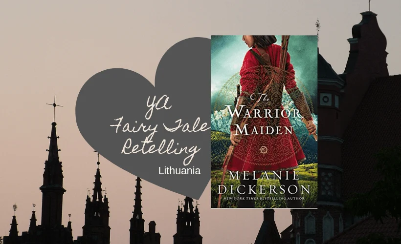 The Warrior Maiden Melanie Dickerson book cover with grey heart and pink and black Lithuanian cityscape