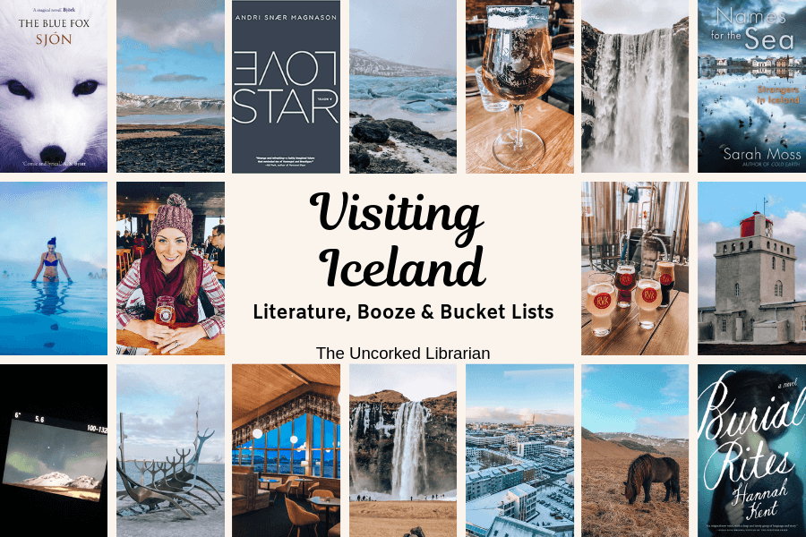 Visiting Iceland in the winter cover with picture collage of waterfalls, Icelandic books, and Icelandic drinks