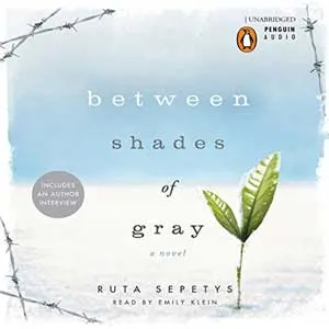 Between Shades of Gray by Ruta Sepetys Audiobook cover with green seedling growing