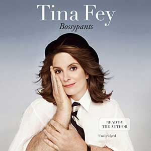 Bossypants by Tina Fey audiobook cover with portrait of a Tina Fey