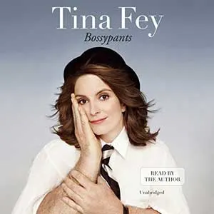Bossypants by Tina Fey audiobook cover with portrait of a Tina Fey
