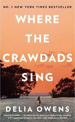 Where The Crawdads Sing By Delia Owens book cover with someone on boat in marshland with orange sky