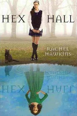 Hex Hall by Rachel Hawkins book cover with white brunette woman and cat looking into a pond with different reflection