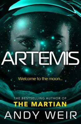 Artemis by Andy Weir book cover with picture of an astronaut and turquoise stars