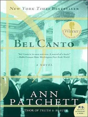 Bel Canto by Ann Patchett book cover with people dressed up in black tuxes, suits, and dresses for a party