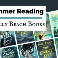 Best Beach Reads Of All Time blog post cover with book covers for The Guest List, Burial Rites, I Let You Go, Bel Canto, Daisy Jones and The Six, Artemis and Murder On The Orient Express