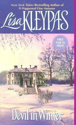 Best romance beach reads, Devil in Winter by Lisa Kleypas with large home covered in snow with pink and purple glow