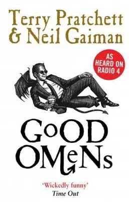 Good Omens by Terry Pratchett and Neil Gaiman book cover with devil with wings sitting on the ground