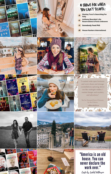 How To Start A Bookstagram Ideas with screenshot of The Uncorked Librarian's #bookstagram account with quotes, book grids, alcohol, and travel