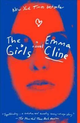The Girls by Emma Cline book cover with woman's face covered in red light and wearing blue lighted sunglasses