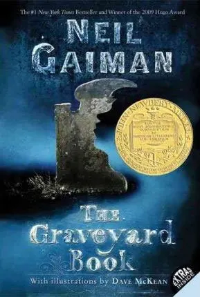 The Graveyard Book by Neil Gaiman blue book cover with gray grave