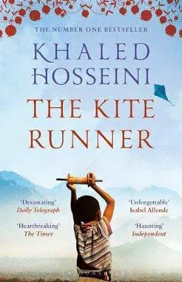 The Kite Runner by Khaled Hosseini book cover with young boy holding up a kite string and flying a kite