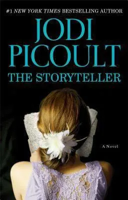 The Storyteller by Jodi Picoult book cover with brunette girl in a purple dress looking at pages