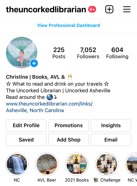 The Uncorked Librarian Bookstagram on Instagram screenshot with profile and story covers