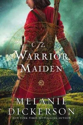 YA Mulan Retelling, The Warrior Maiden by Melanie Dickerson, book cover with Asian young woman wearing a male red warrior tunic and carrying weapons