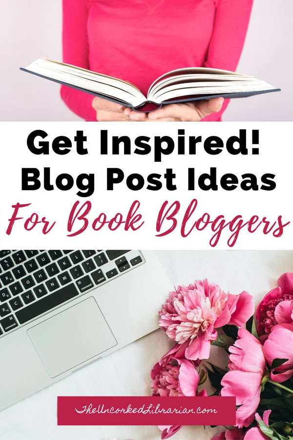 Book Blog Post Ideas with two images. Women in pink shirt reading a book and silver laptop with pink flowers.