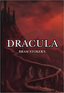 Scary Books For adults Dracula by Bran Stoker red book cover with path leading up to Dracula Castle 