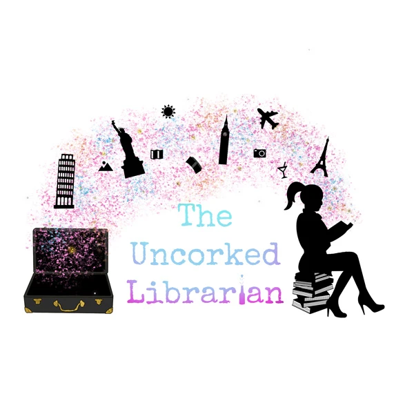The Uncorked Librarian Book Blogging Logo with woman sitting on books reading a book with travel icons floating on rainbow dust into an open suitcase