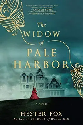 The Widow of Pale Harbor By Hester Fox turquoise book cover with woman in red walking in front of a large home