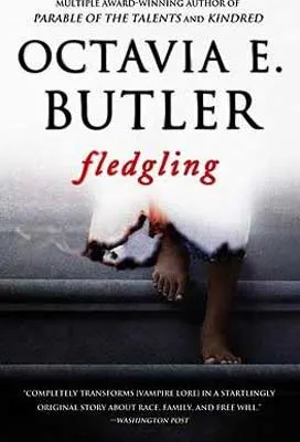 Fledgling by Octavia E. Butler book cover with woman in white blood stained dress and feet on a step