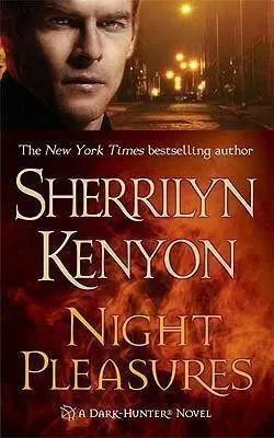 Night Pleasures by Sherrilyn Kenyon orange book cover with white man on a dark street-lit road
