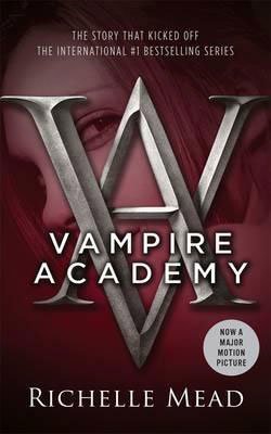 Vampire book series for tweens and teens Vampire Academy by Richelle Mead maroon book cover with young looking between the V and A